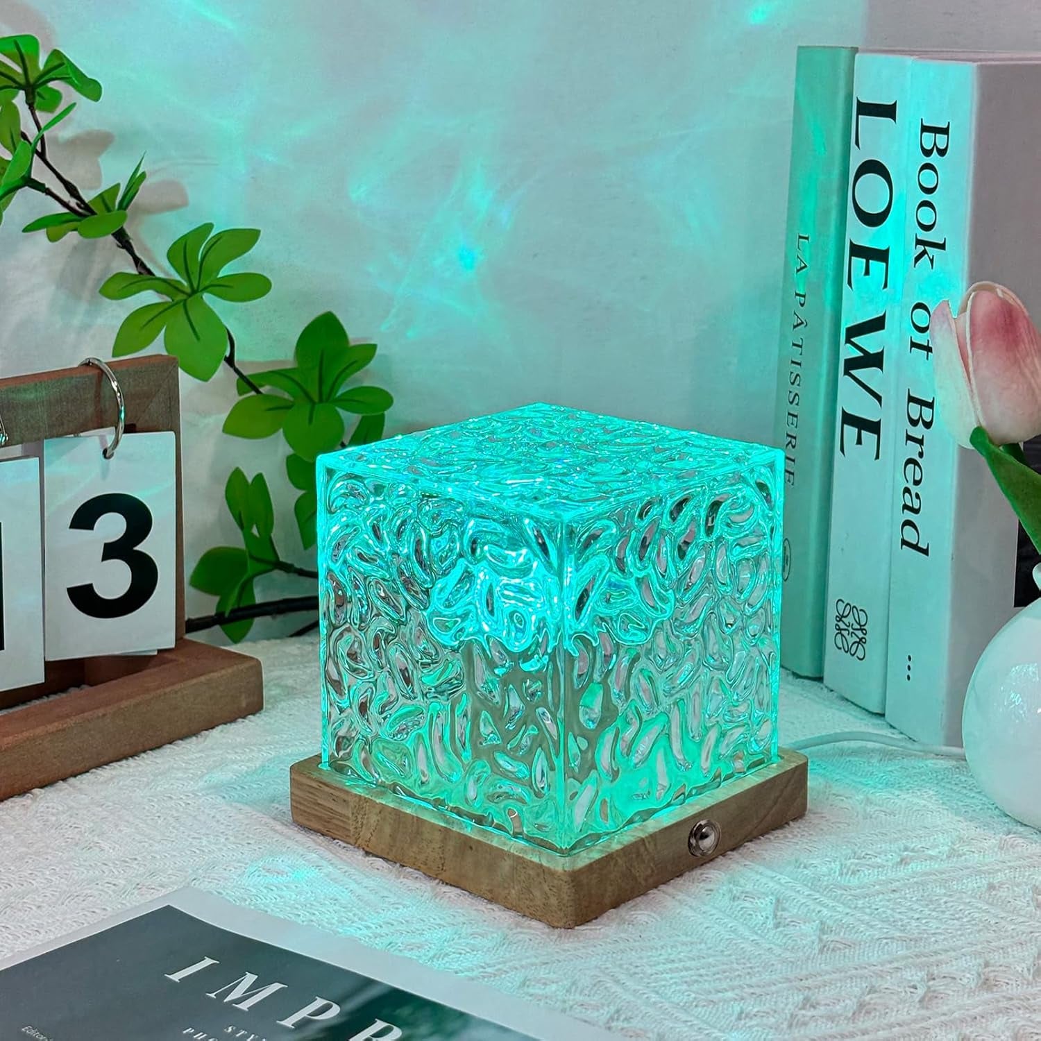 Northern Lights Wave Cube Lamp with Wooden Base, Galaxy Light Projector | Night Light for Teenage Room Decor, Cube Lamp for Bedroom Decor Kids Mood Lighting, 16 Colors RGB Auror Ocean Wave Projector