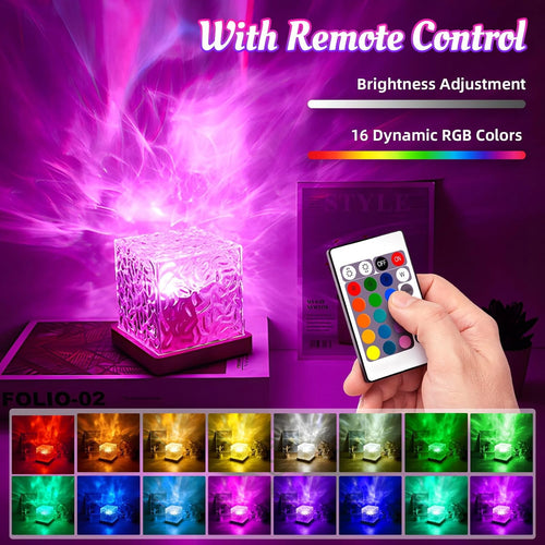 Northern Lights Wave Cube Lamp with Wooden Base, Galaxy Light Projector | Night Light for Teenage Room Decor, Cube Lamp for Bedroom Decor Kids Mood Lighting, 16 Colors RGB Auror Ocean Wave Projector