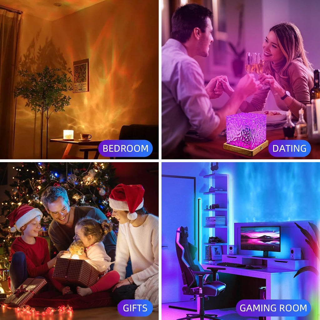 Northern Lights Wave Cube Lamp with Wooden Base, Galaxy Light Projector | Night Light for Teenage Room Decor, Cube Lamp for Bedroom Decor Kids Mood Lighting, 16 Colors RGB Auror Ocean Wave Projector