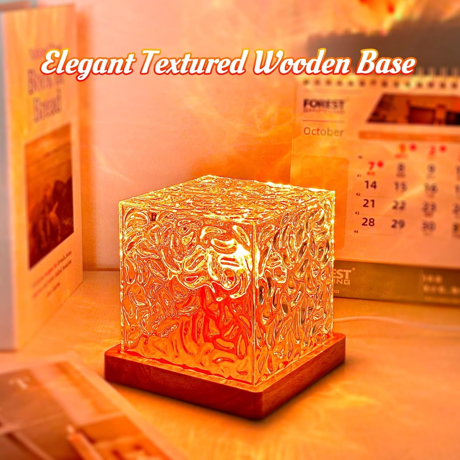 Northern Lights Wave Cube Lamp with Wooden Base, Galaxy Light Projector | Night Light for Teenage Room Decor, Cube Lamp for Bedroom Decor Kids Mood Lighting, 16 Colors RGB Auror Ocean Wave Projector