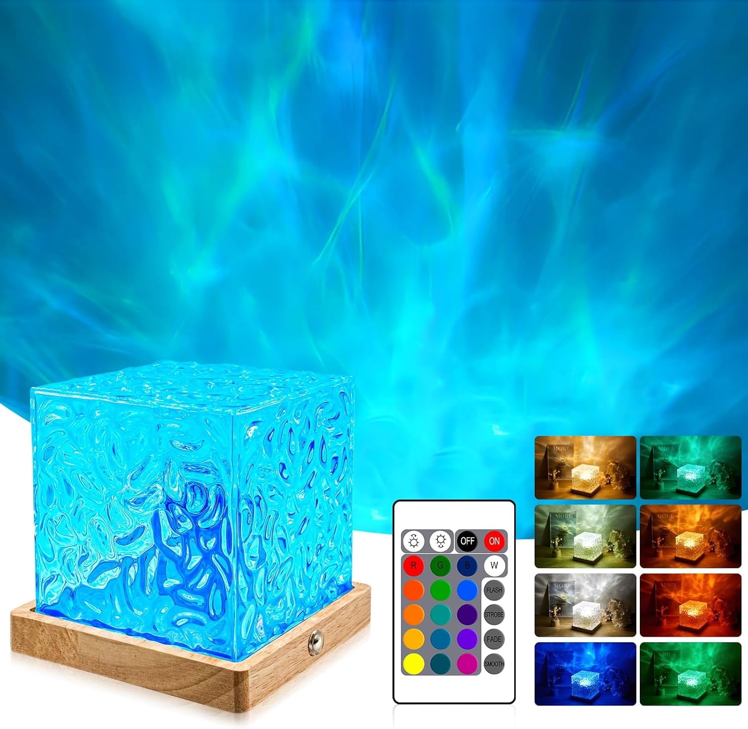 Northern Lights Wave Cube Lamp with Wooden Base, Galaxy Light Projector | Night Light for Teenage Room Decor, Cube Lamp for Bedroom Decor Kids Mood Lighting, 16 Colors RGB Auror Ocean Wave Projector